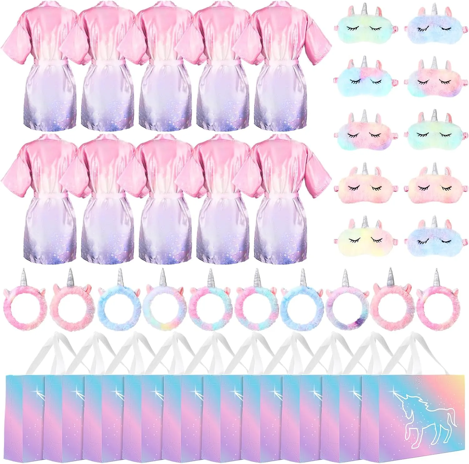 10 Sets Unicorn Spa Party Supplies for Girls Include Spa Satin Robe Headband Eye Mask Handbag Spa Sleepover Party Favors