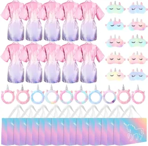 10 Sets Unicorn Spa Party Supplies for Girls Include Spa Satin Robe Headband Eye Mask Handbag Spa Sleepover Party Favors