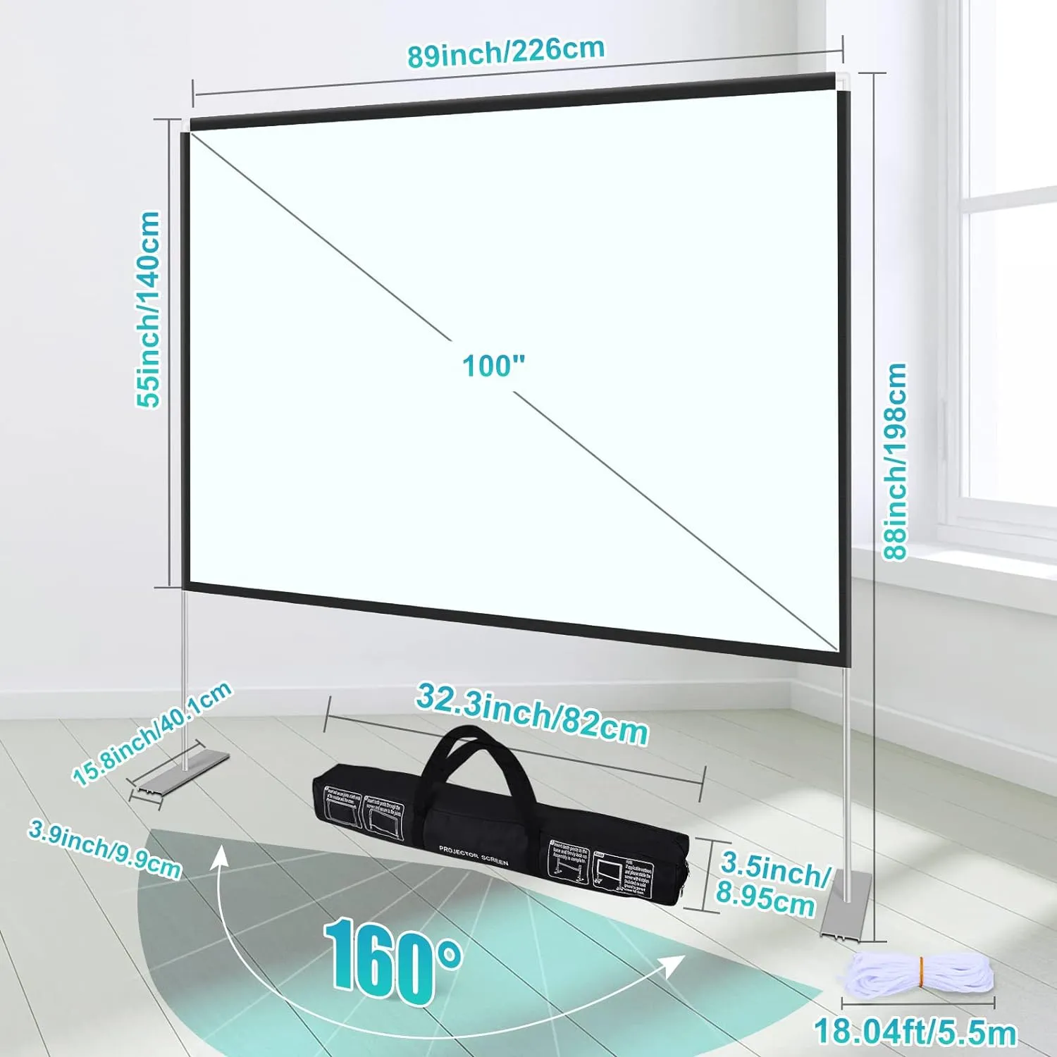 100 inch Projector Screen and Stand,Portable Projector Screen 4K HD Rear Front Projection Screen with Carry Bag for Outdoor Indoor Home Theater Backyard Cinema Travel