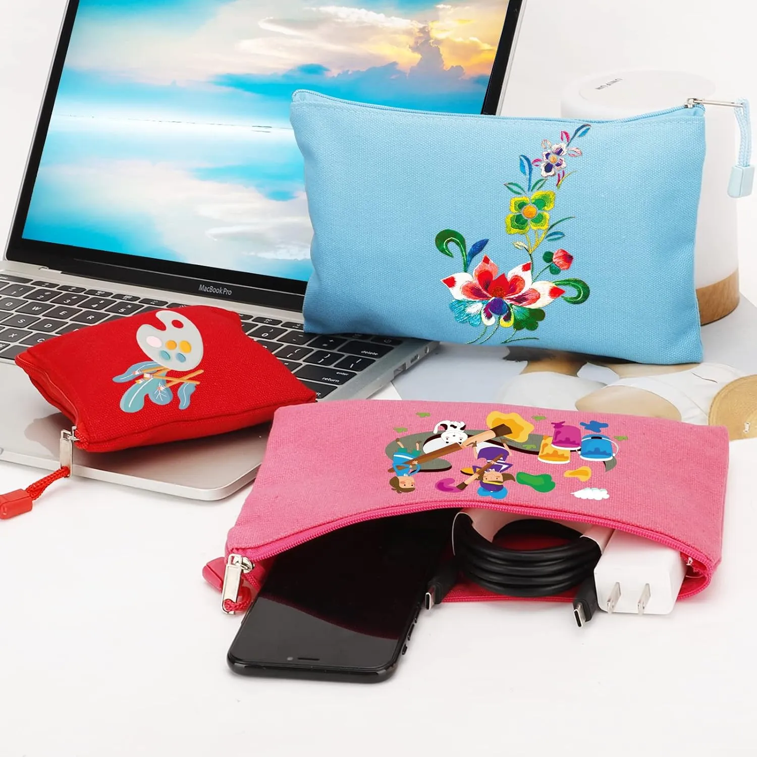 12 Pack DIY Craft Cotton Canvas Bag, Multi-Purpose Cosmetic Bag Makeup Pouches with Zipper Travel Toiletry Bag (XS, Purple)
