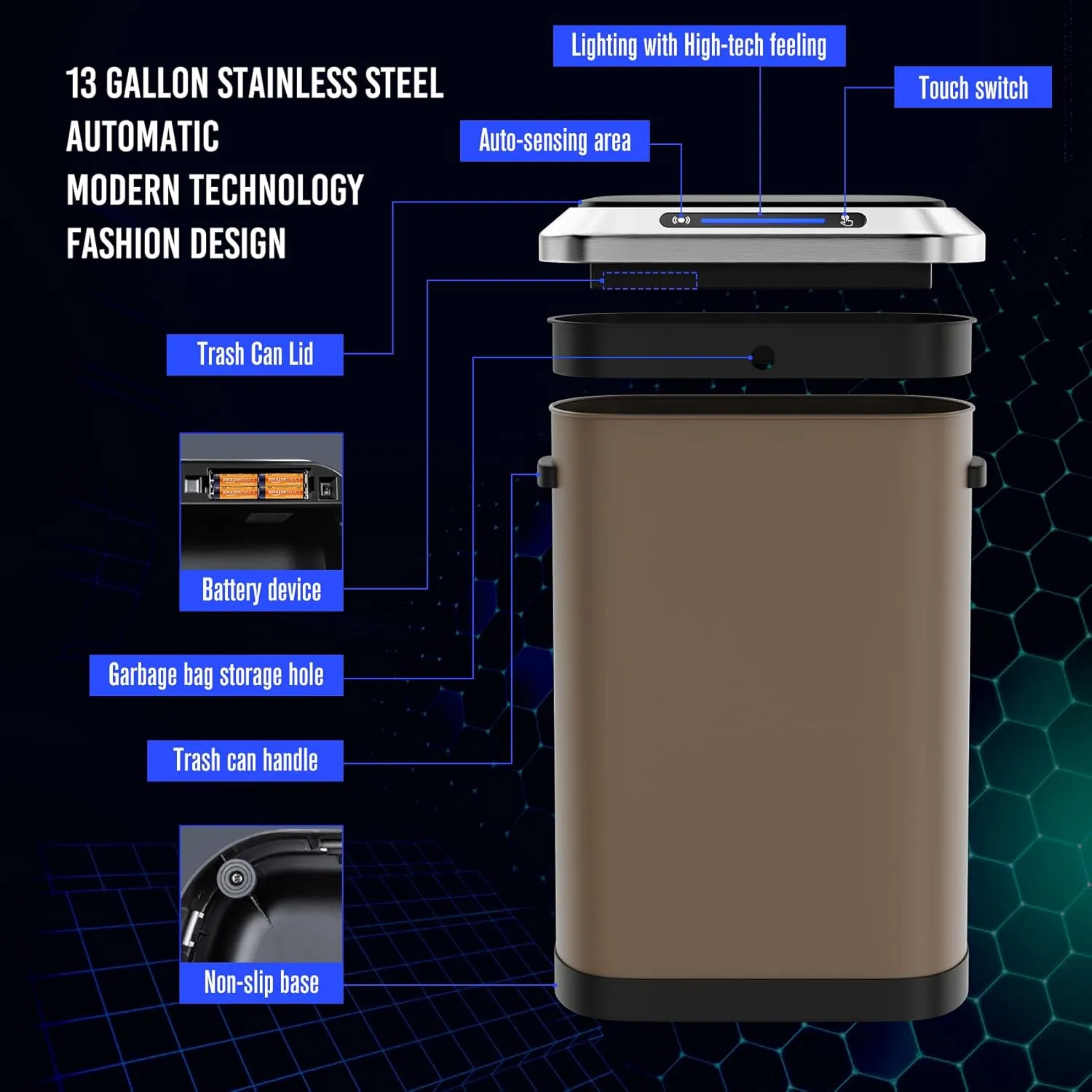13 Gallon 50L Brown Automatic Smart Trash Can with Lid for Kitchen Office Bedroom Waste Bin and More, Stainless Steel Thickened Body and Super Mute Sensor Lid Garbage Can with 30 Count Garbage Bags
