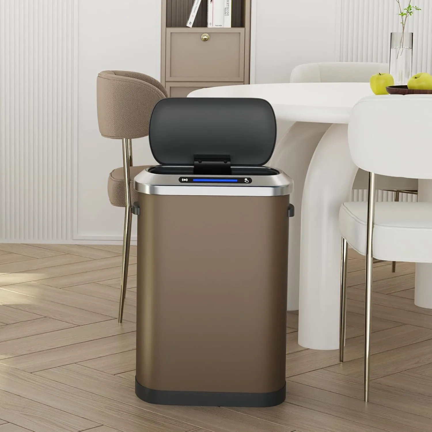 13 Gallon 50L Brown Automatic Smart Trash Can with Lid for Kitchen Office Bedroom Waste Bin and More, Stainless Steel Thickened Body and Super Mute Sensor Lid Garbage Can with 30 Count Garbage Bags