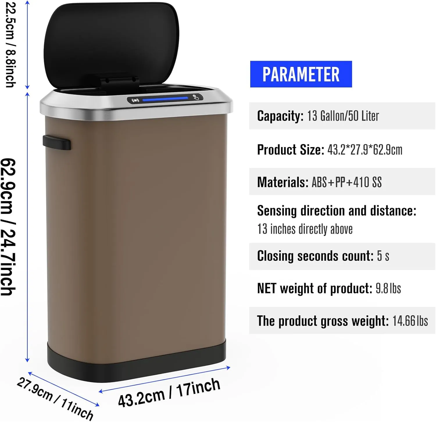 13 Gallon 50L Brown Automatic Smart Trash Can with Lid for Kitchen Office Bedroom Waste Bin and More, Stainless Steel Thickened Body and Super Mute Sensor Lid Garbage Can with 30 Count Garbage Bags