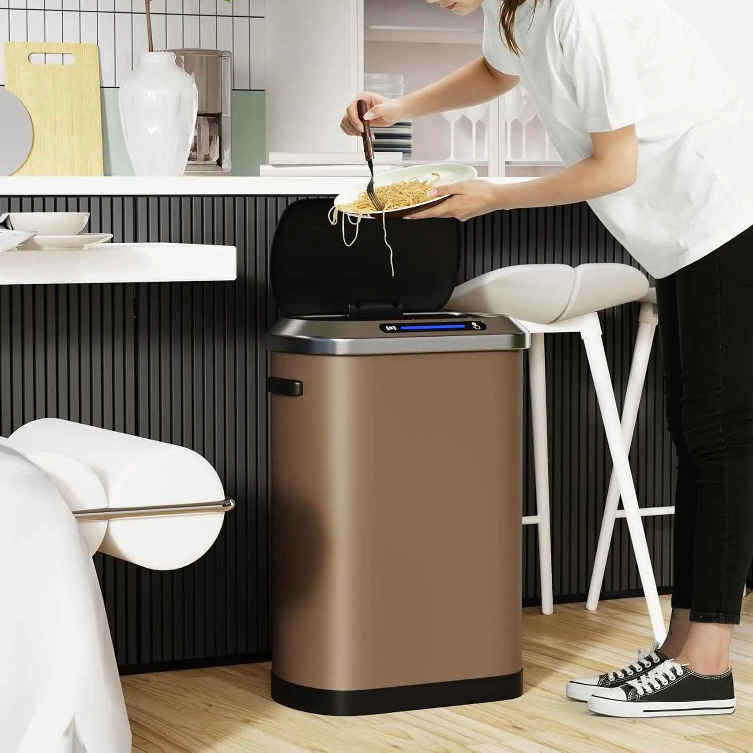 13 Gallon 50L Brown Automatic Smart Trash Can with Lid for Kitchen Office Bedroom Waste Bin and More, Stainless Steel Thickened Body and Super Mute Sensor Lid Garbage Can with 30 Count Garbage Bags