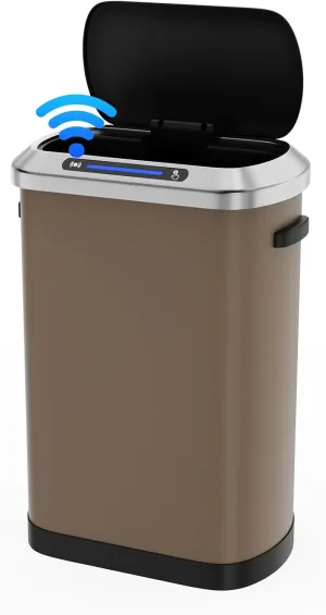 13 Gallon 50L Brown Automatic Smart Trash Can with Lid for Kitchen Office Bedroom Waste Bin and More, Stainless Steel Thickened Body and Super Mute Sensor Lid Garbage Can with 30 Count Garbage Bags