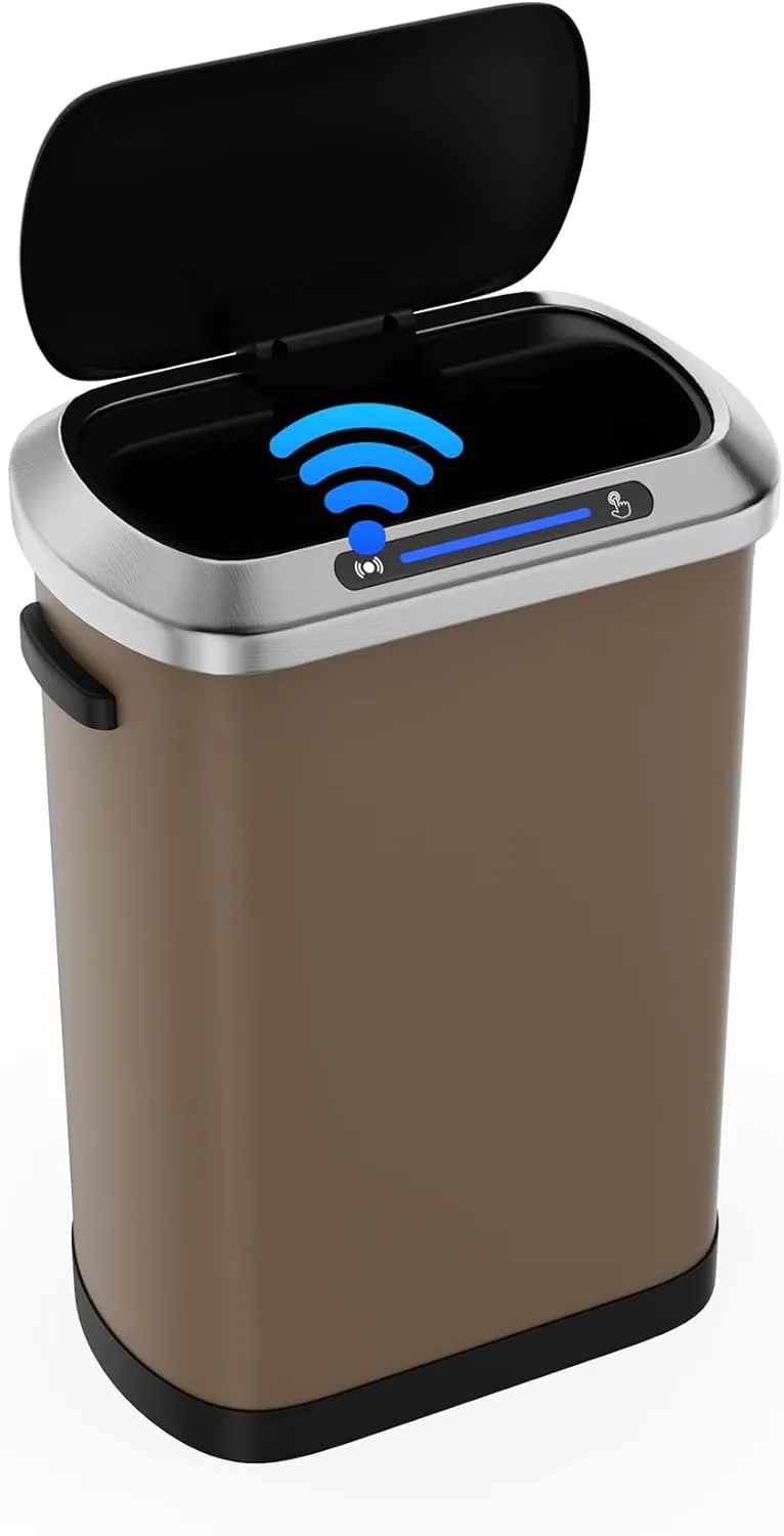 13 Gallon 50L Brown Automatic Smart Trash Can with Lid for Kitchen Office Bedroom Waste Bin and More, Stainless Steel Thickened Body and Super Mute Sensor Lid Garbage Can with 30 Count Garbage Bags