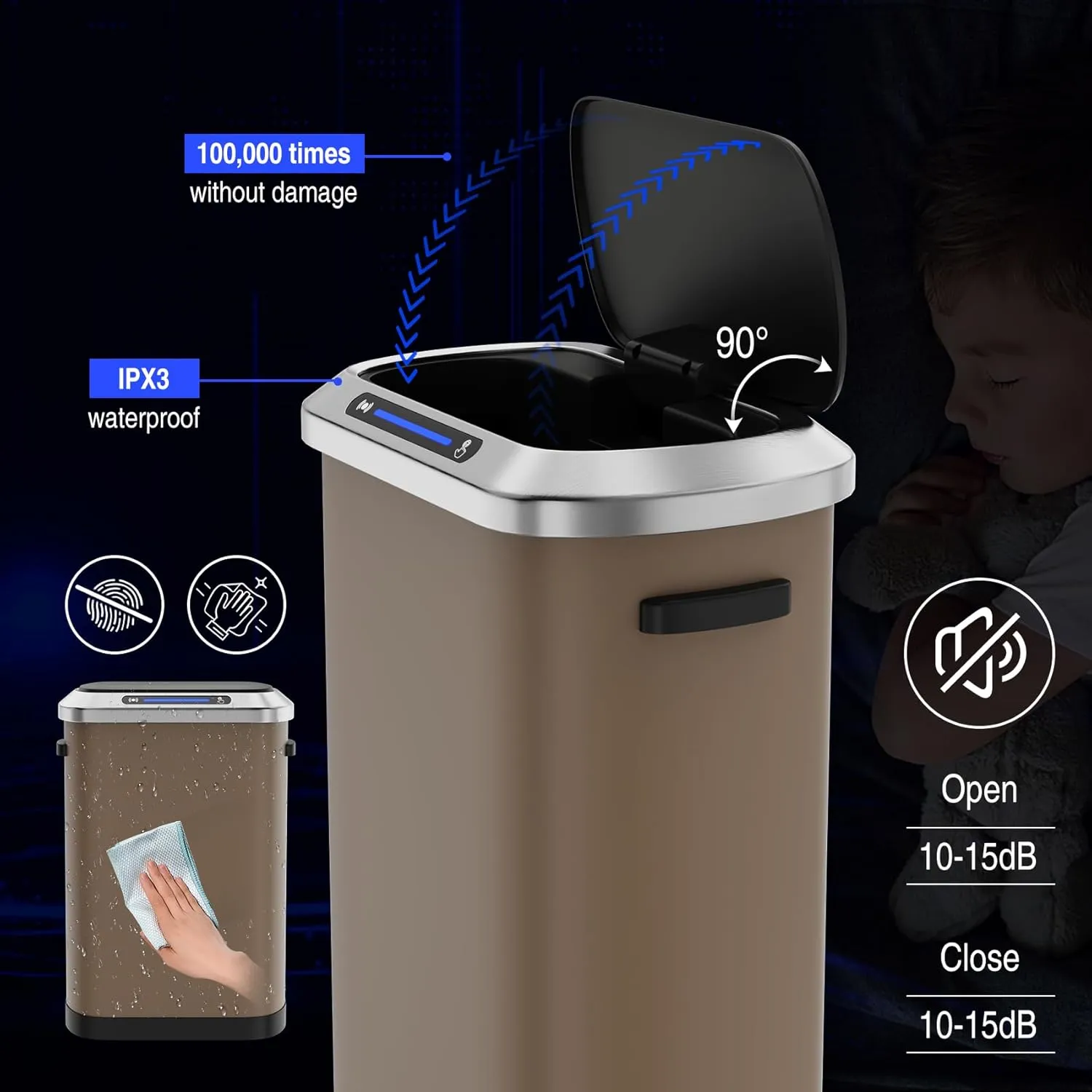 13 Gallon 50L Brown Automatic Smart Trash Can with Lid for Kitchen Office Bedroom Waste Bin and More, Stainless Steel Thickened Body and Super Mute Sensor Lid Garbage Can with 30 Count Garbage Bags