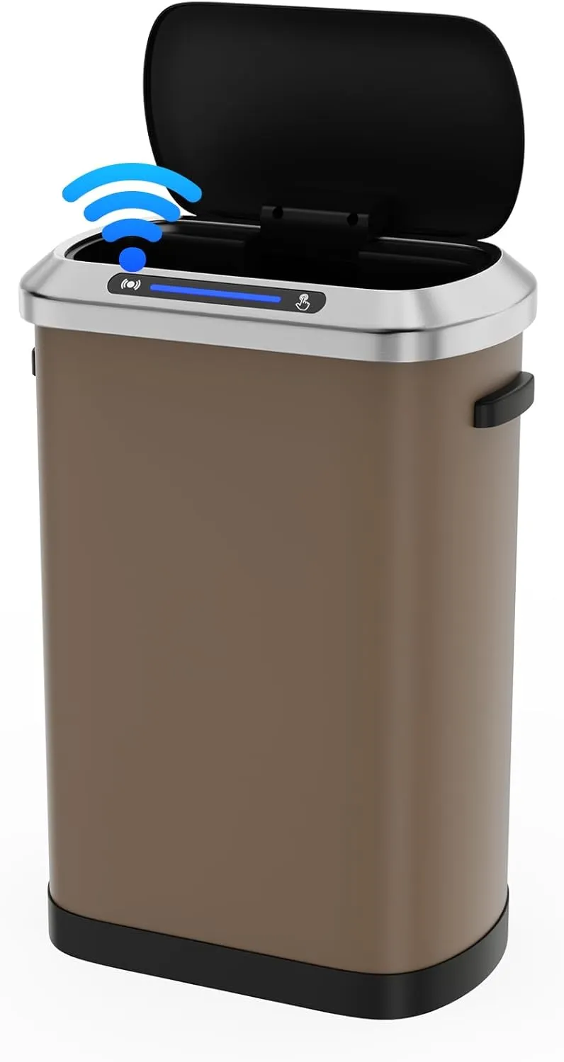13 Gallon 50L Brown Automatic Smart Trash Can with Lid for Kitchen Office Bedroom Waste Bin and More, Stainless Steel Thickened Body and Super Mute Sensor Lid Garbage Can with 30 Count Garbage Bags
