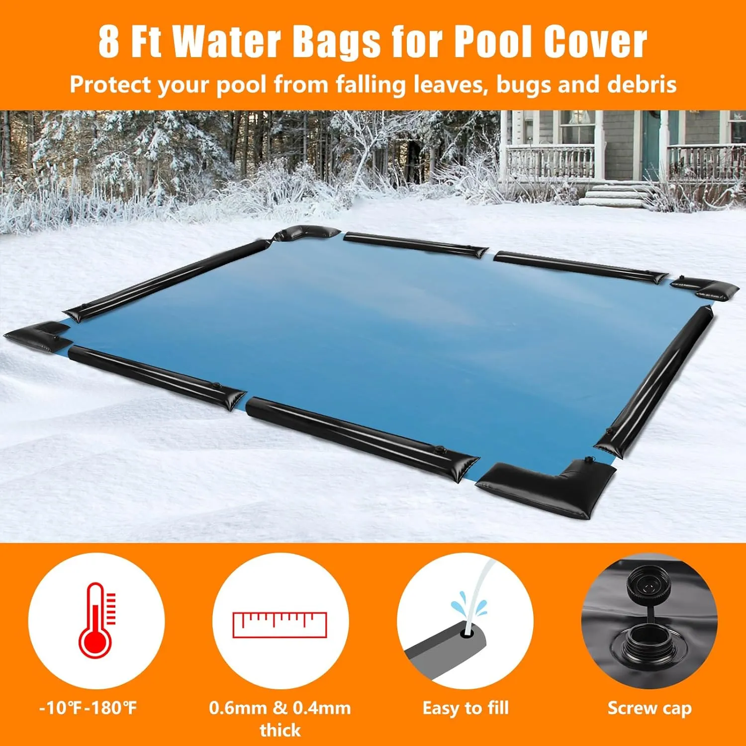 14 Pack 0.6mm Thicker Pool Cover Water Bags with Pool Cover Weights Corner, 8 Ft PVC Pool Water Tubes with Screw Caps for Winterizing for Inground Swimming Pool Winter Cover