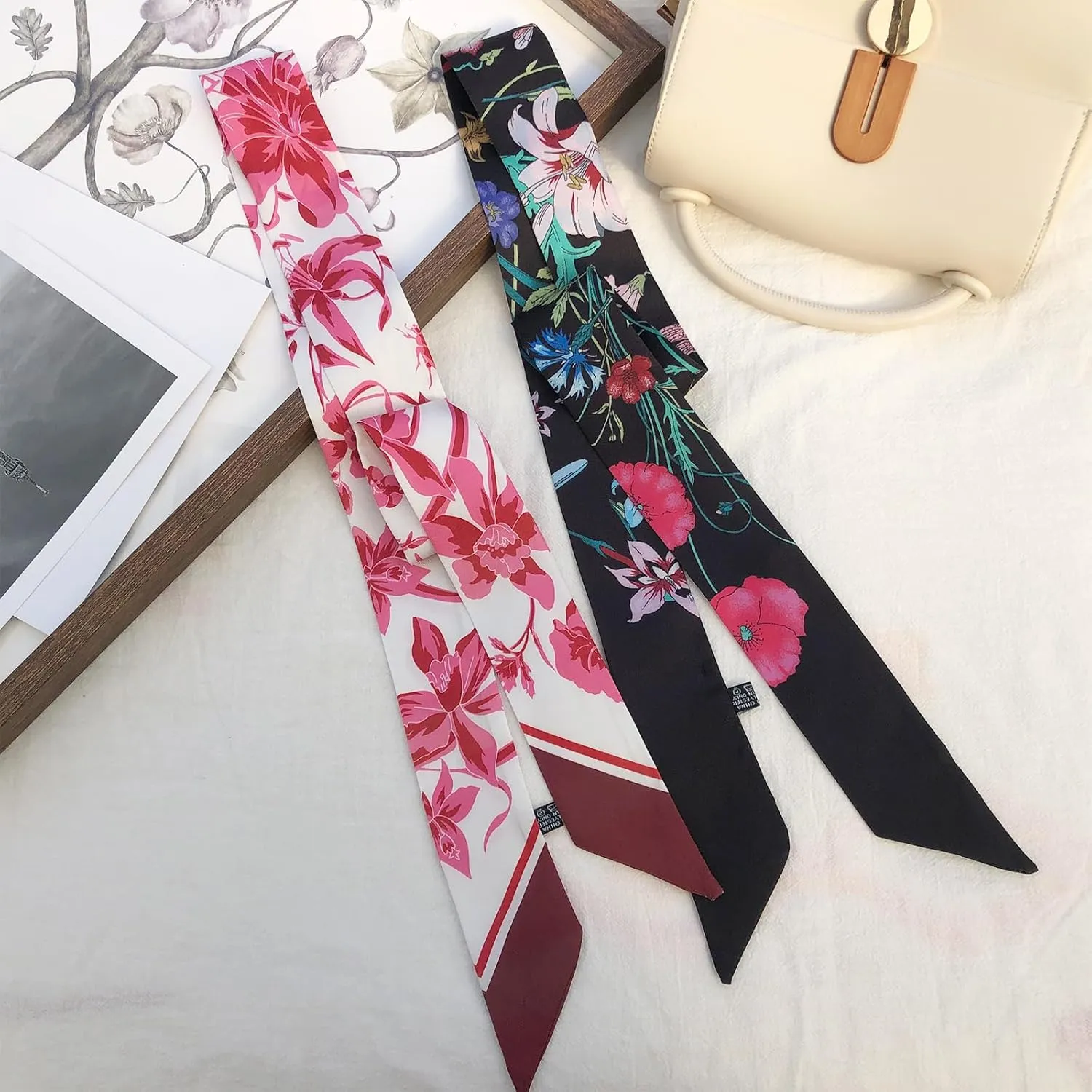 2 Pack Silk Purse Scarf For Handbags Head Hair Ribbon Fashion Skinny Scarf For Women Long Neckerchief