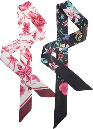 2 Pack Silk Purse Scarf For Handbags Head Hair Ribbon Fashion Skinny Scarf For Women Long Neckerchief
