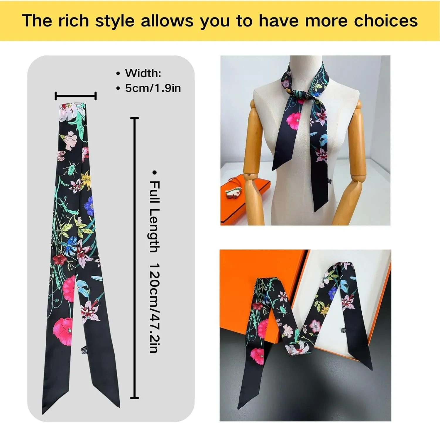 2 Pack Silk Purse Scarf For Handbags Head Hair Ribbon Fashion Skinny Scarf For Women Long Neckerchief
