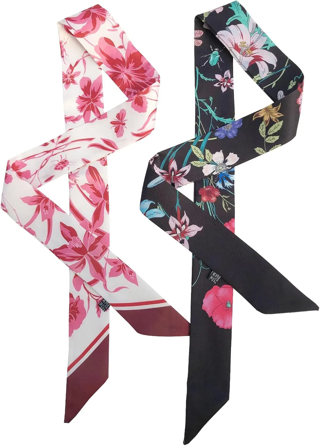 2 Pack Silk Purse Scarf For Handbags Head Hair Ribbon Fashion Skinny Scarf For Women Long Neckerchief