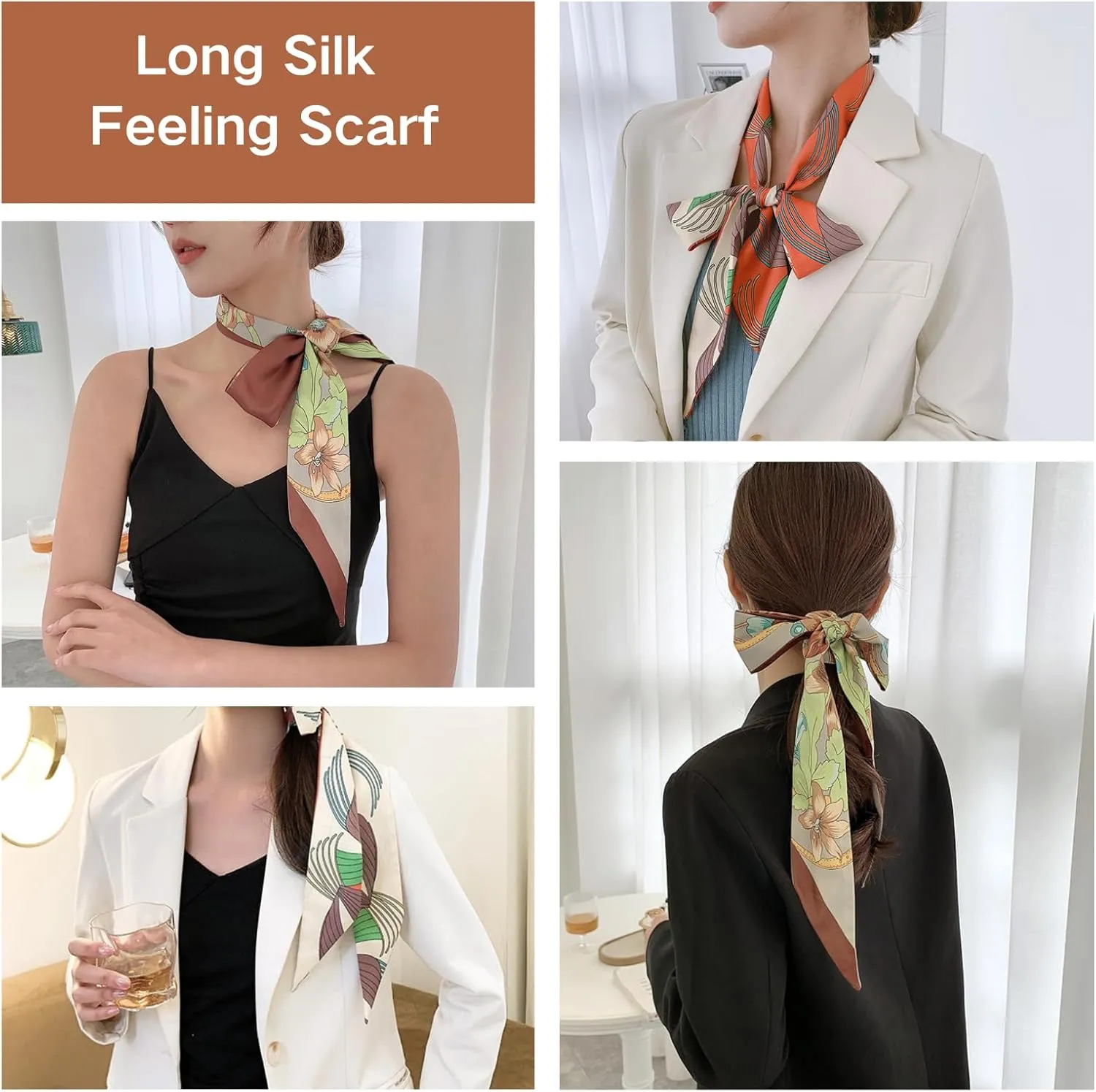 2 Pack Silk Purse Scarf For Handbags Head Hair Ribbon Fashion Skinny Scarf For Women Long Neckerchief
