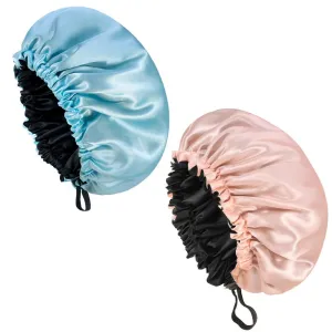 2 Pcs Double Layer Waterproof Silk Bonnet,Adjustable Satin Hair Night Caps
