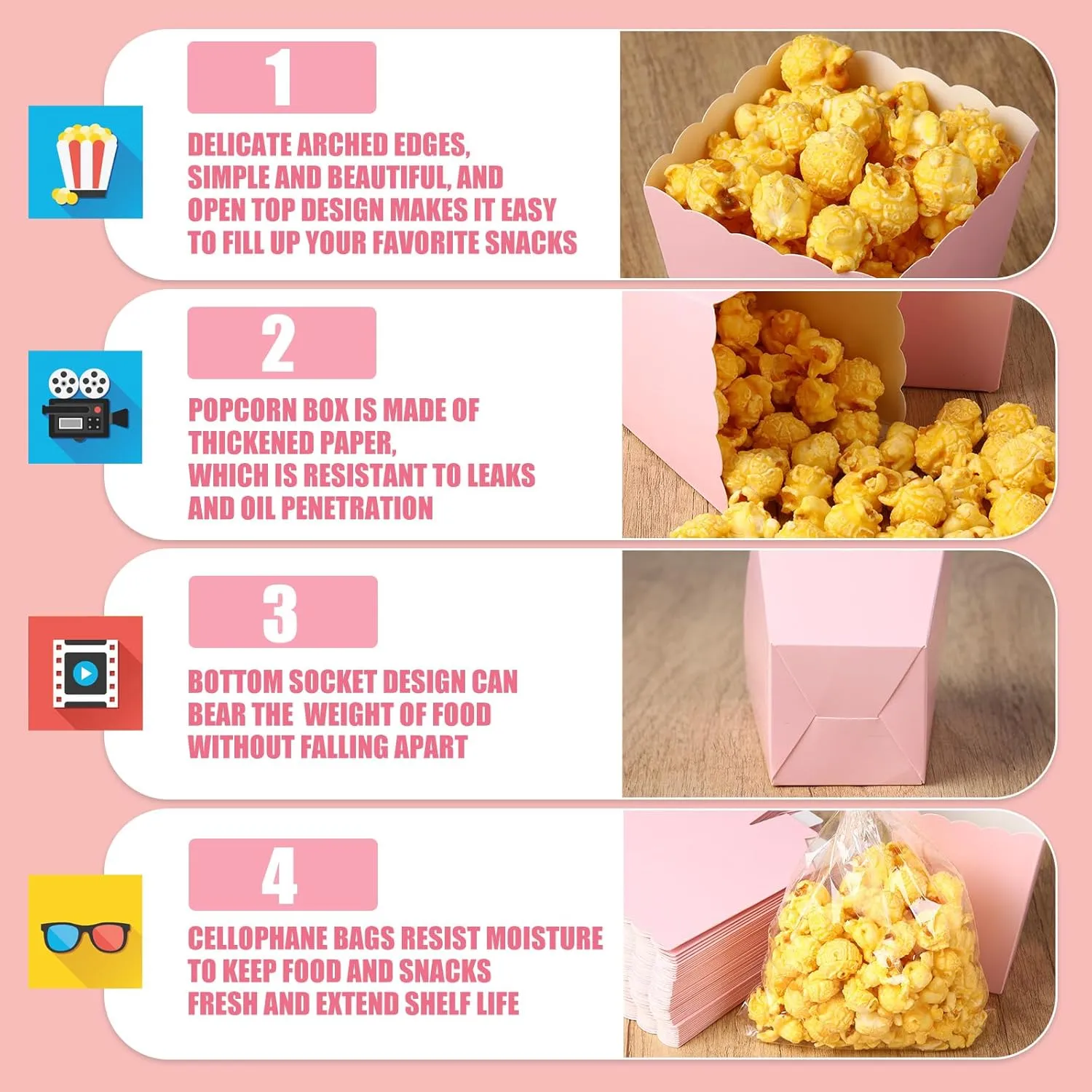 200 Pcs Zopeal Mini Popcorn Boxes and Clear Treat Bag Set, Bulk Popcorn Bags Open Top Paper Popcorn Containers with Treat Bags Popcorn Candy Boxes for Movie, Party, 3 x 4 Inch (Pink)