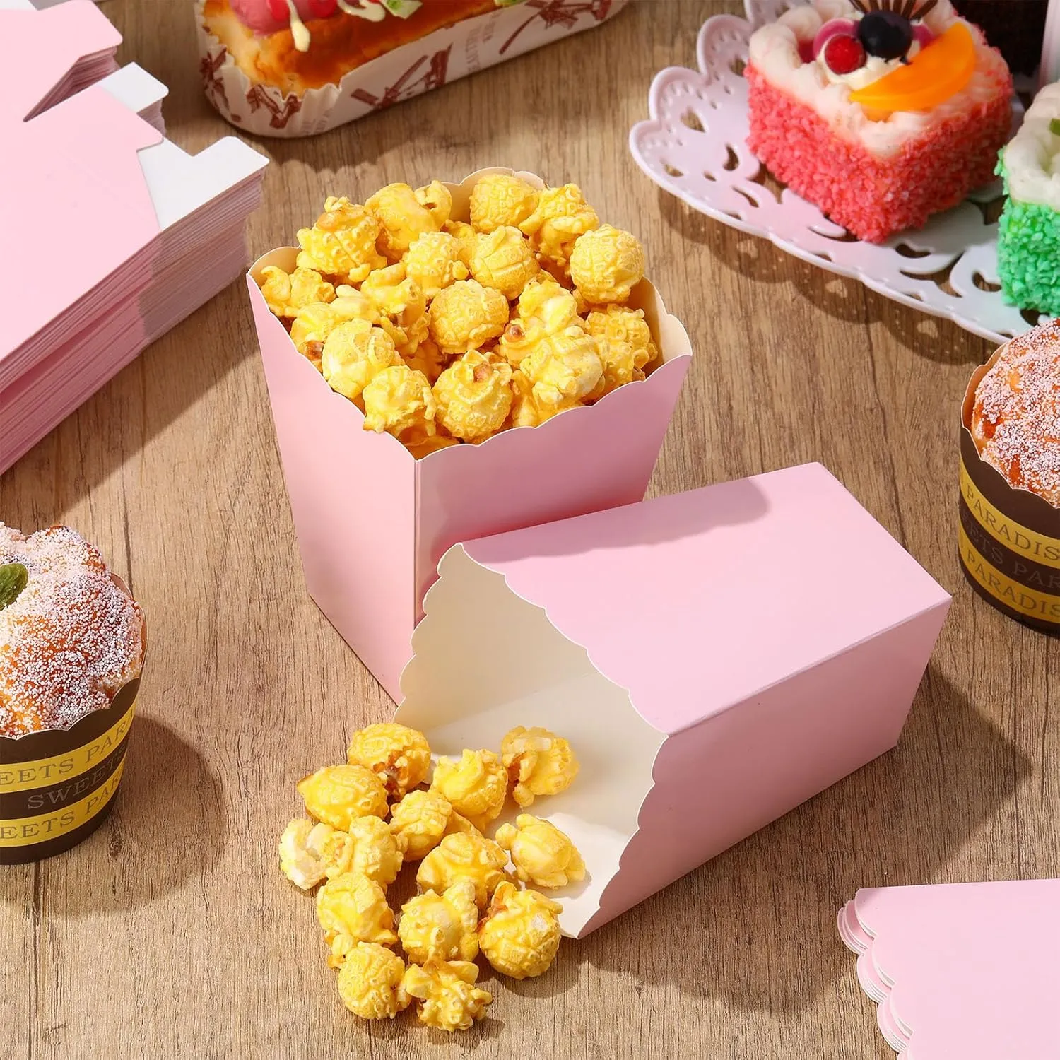 200 Pcs Zopeal Mini Popcorn Boxes and Clear Treat Bag Set, Bulk Popcorn Bags Open Top Paper Popcorn Containers with Treat Bags Popcorn Candy Boxes for Movie, Party, 3 x 4 Inch (Pink)