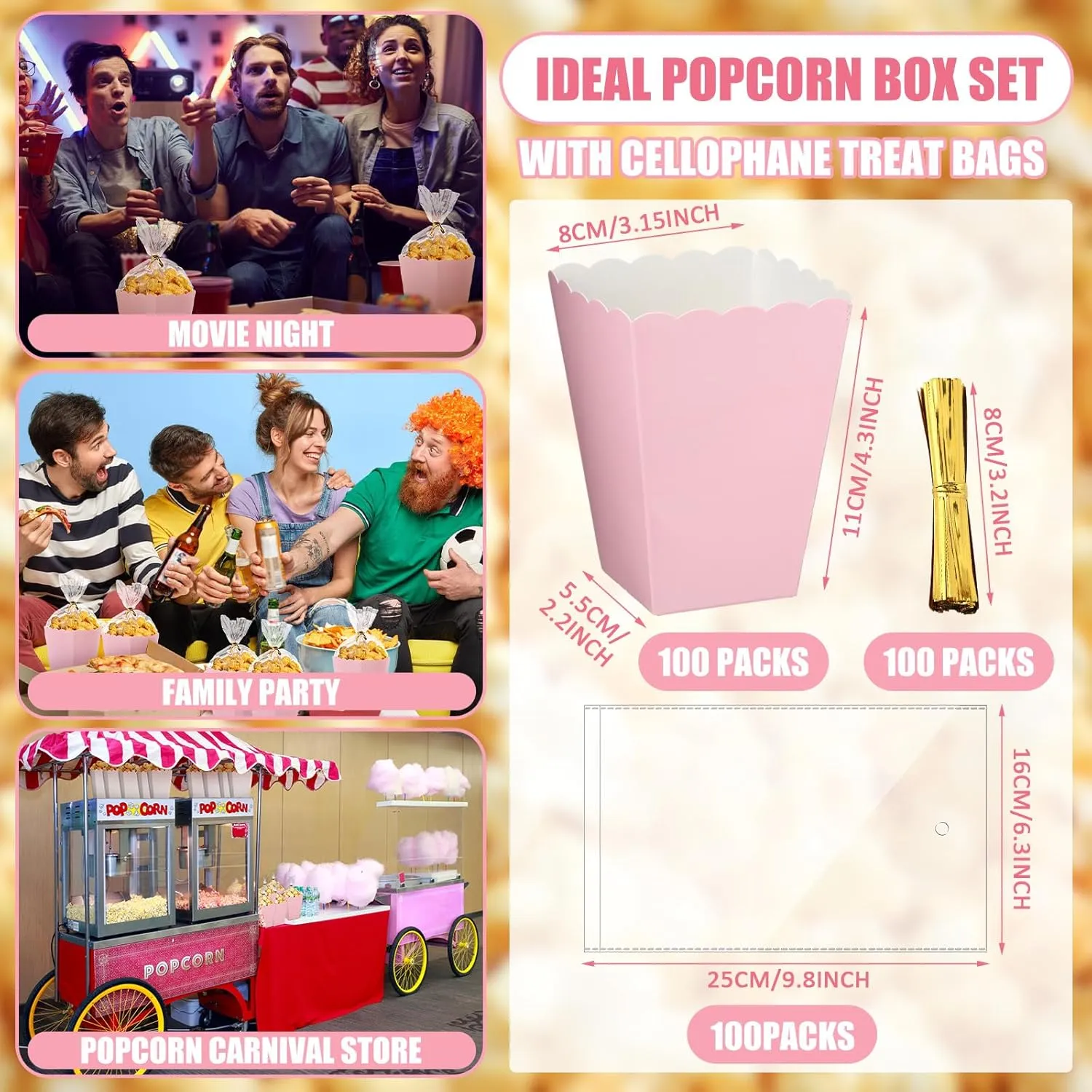 200 Pcs Zopeal Mini Popcorn Boxes and Clear Treat Bag Set, Bulk Popcorn Bags Open Top Paper Popcorn Containers with Treat Bags Popcorn Candy Boxes for Movie, Party, 3 x 4 Inch (Pink)