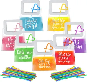 21 Pcs Girls Trip Drink Pouches for Adults with 50 Straws Girls Weekend Getaway Drink Holders Reusable Transparent Travel Juice Alcohol Liquor Bags for Sister Auntie Friends Besties Vacation