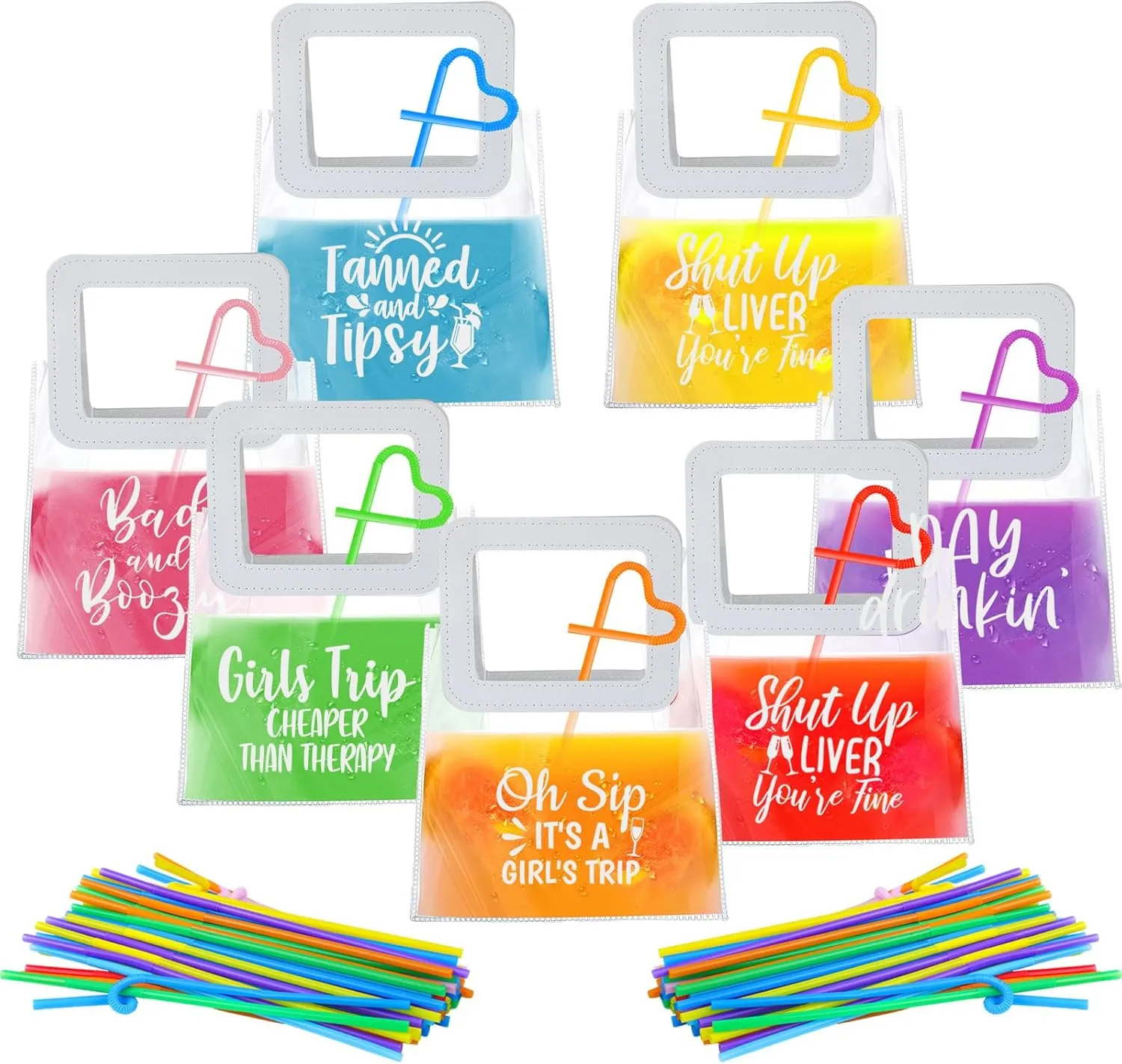 21 Pcs Girls Trip Drink Pouches for Adults with 50 Straws Girls Weekend Getaway Drink Holders Reusable Transparent Travel Juice Alcohol Liquor Bags for Sister Auntie Friends Besties Vacation
