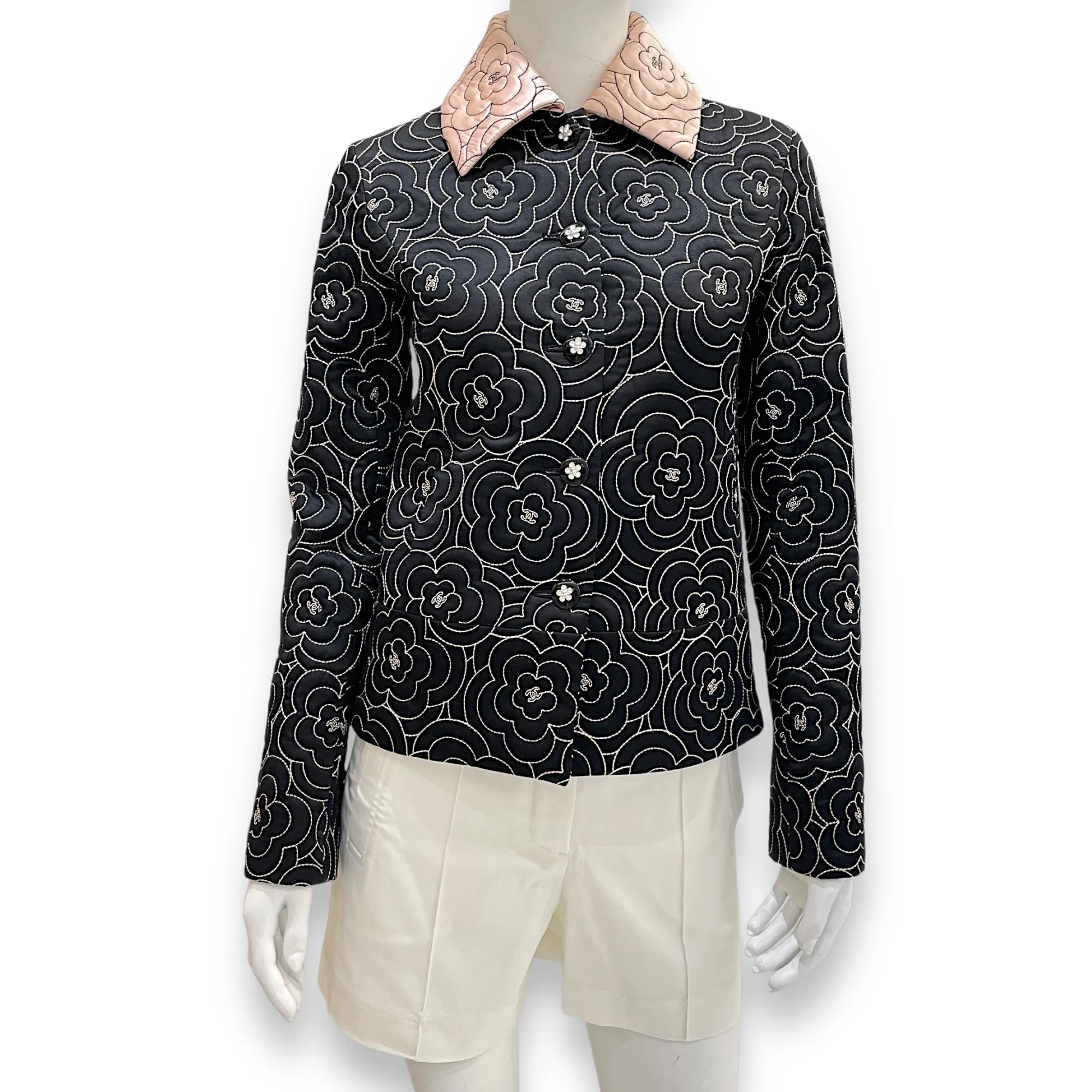 23K Camellia Jacket 34 Black in Satin, Silk, Silver hardware