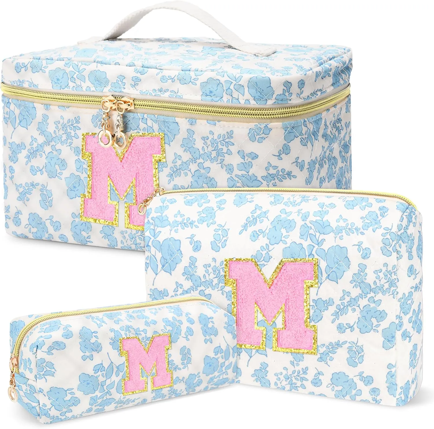 3 PCS Travel Makeup Bag Set, A-Z Initials Cotton Make up Bag Floral Quilted Cosmetic Bag for Girls and Women, Personalized Cute Toiletry Bag Travel Accessories Brushes Bag Blue - M