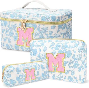 3 PCS Travel Makeup Bag Set, A-Z Initials Cotton Make up Bag Floral Quilted Cosmetic Bag for Girls and Women, Personalized Cute Toiletry Bag Travel Accessories Brushes Bag Blue - M