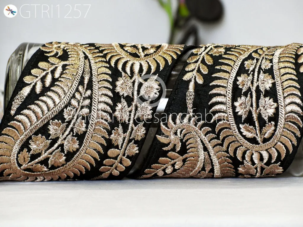 3 Yard Black 10 CM Trim Embroidered Saree Gold Thread Work Silk Sari Border Trim Art Quilt Fabric Trim Crafting Sewing Costume Embellishment