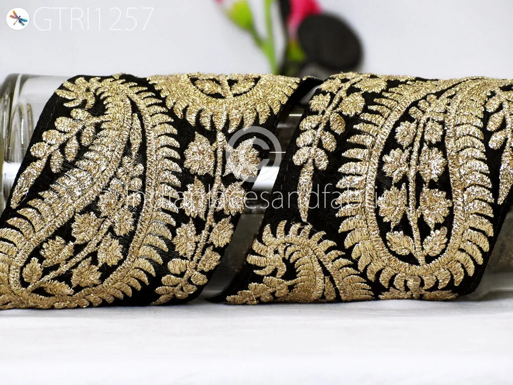 3 Yard Black 10 CM Trim Embroidered Saree Gold Thread Work Silk Sari Border Trim Art Quilt Fabric Trim Crafting Sewing Costume Embellishment