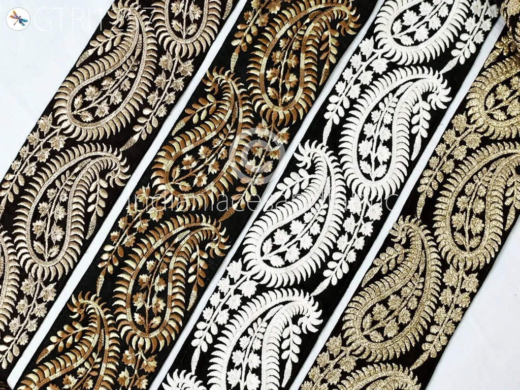 3 Yard Black 10 CM Trim Embroidered Saree Gold Thread Work Silk Sari Border Trim Art Quilt Fabric Trim Crafting Sewing Costume Embellishment