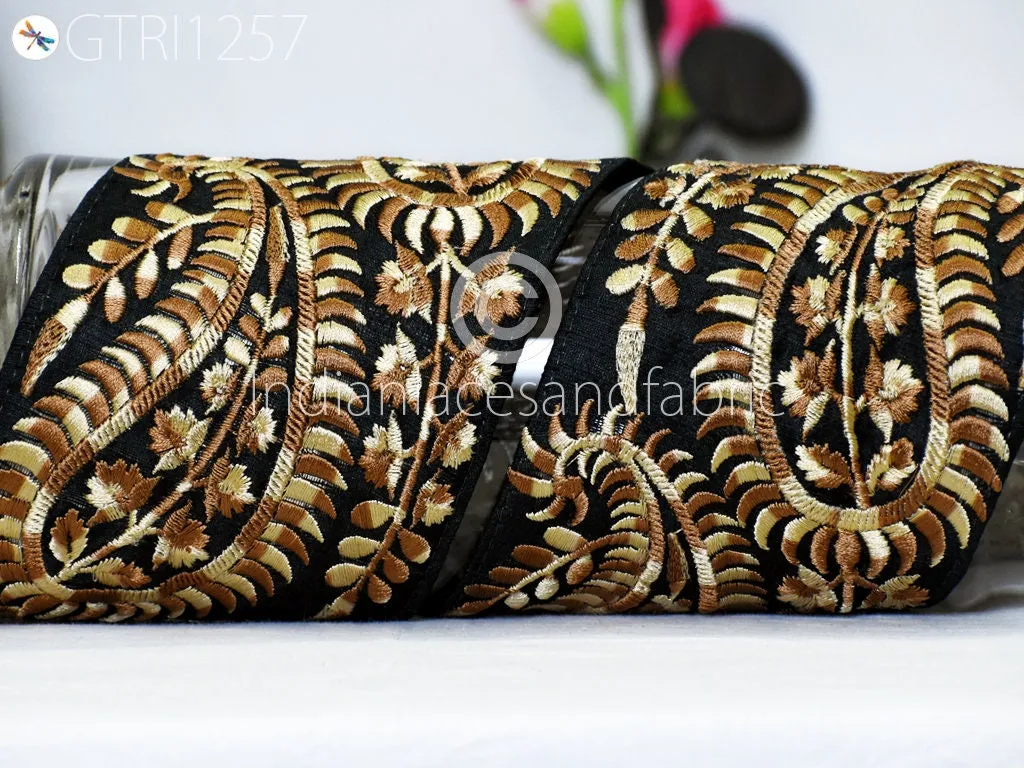 3 Yard Black 10 CM Trim Embroidered Saree Gold Thread Work Silk Sari Border Trim Art Quilt Fabric Trim Crafting Sewing Costume Embellishment