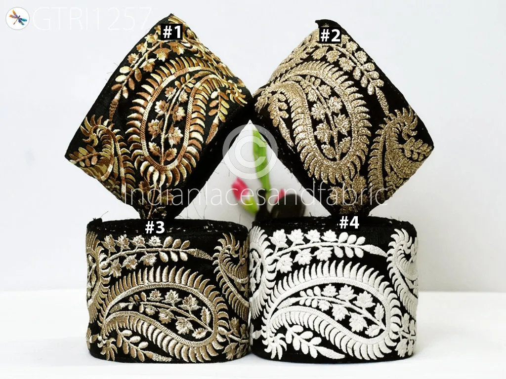 3 Yard Black 10 CM Trim Embroidered Saree Gold Thread Work Silk Sari Border Trim Art Quilt Fabric Trim Crafting Sewing Costume Embellishment