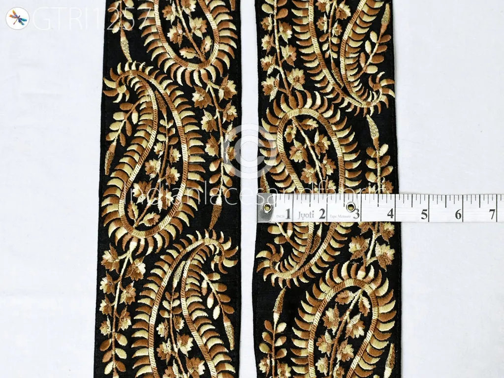 3 Yard Black 10 CM Trim Embroidered Saree Gold Thread Work Silk Sari Border Trim Art Quilt Fabric Trim Crafting Sewing Costume Embellishment