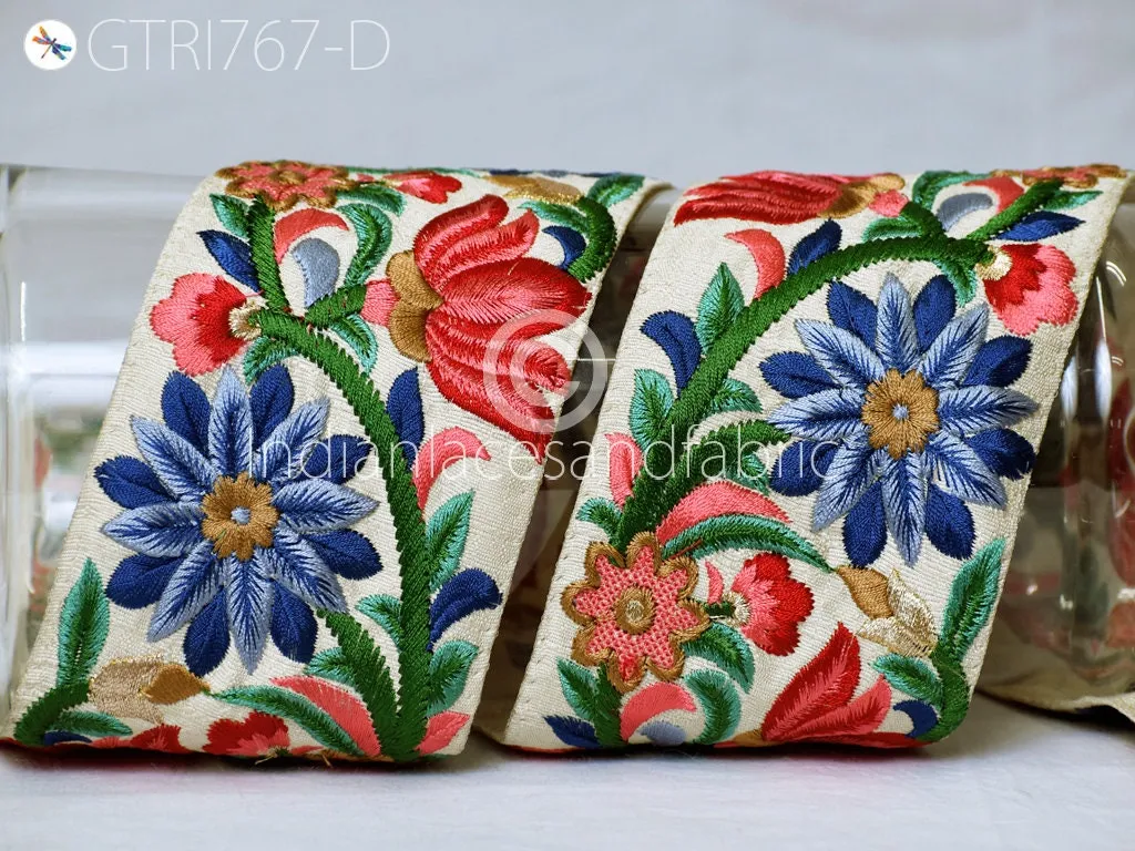3 Yard Blue Embroidered Fabric 8 Cm Trim Floral Indian Sari Border DIY Crafting Saree Sewing Decorative Beach Bag Cushions Ribbons