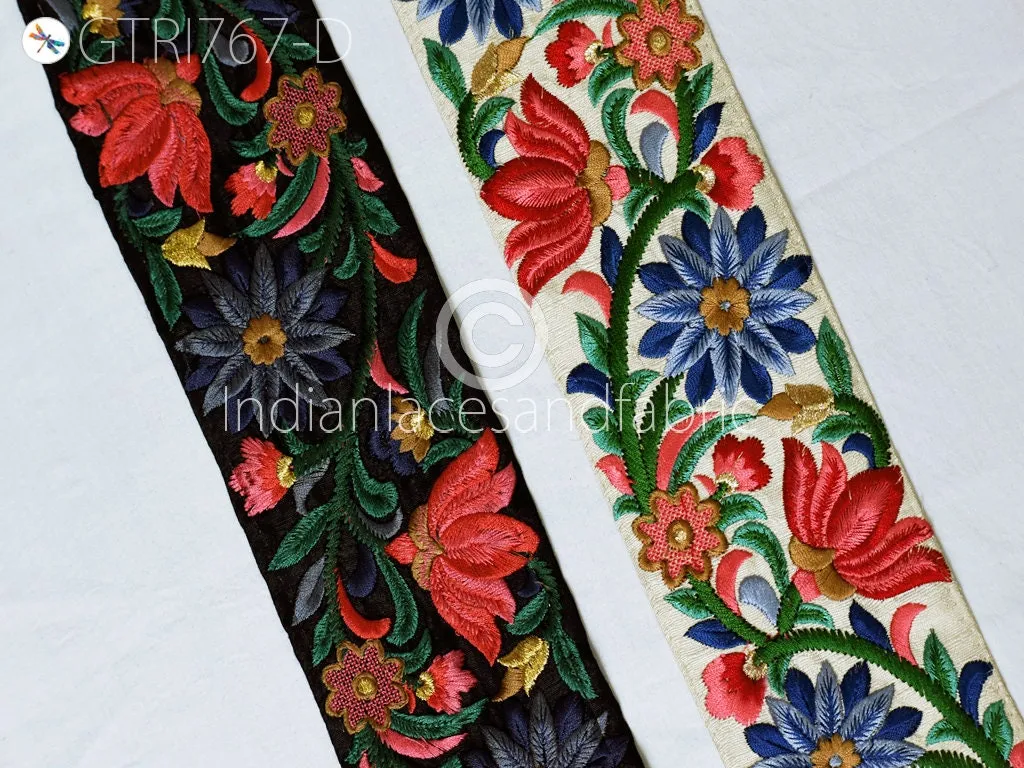 3 Yard Blue Embroidered Fabric 8 Cm Trim Floral Indian Sari Border DIY Crafting Saree Sewing Decorative Beach Bag Cushions Ribbons