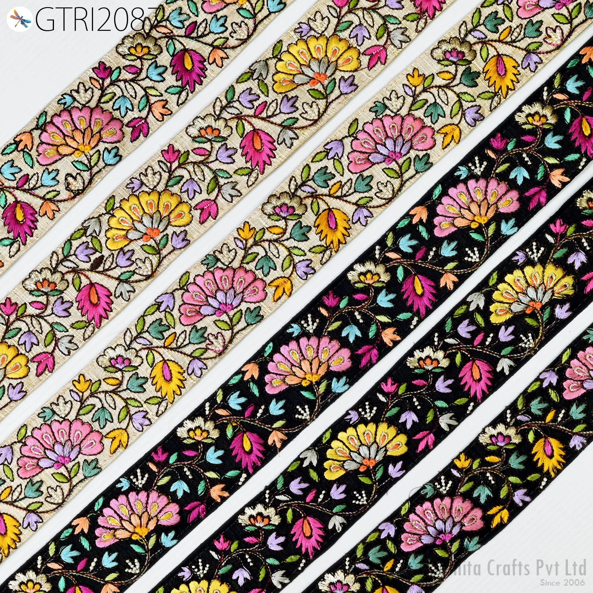 3 Yard Floral Embroidered 50mm Fabric Trim Indian Border Crafting Sewing Guitar Belts Beach Bag Cushions Trimming Ribbon Embellishments