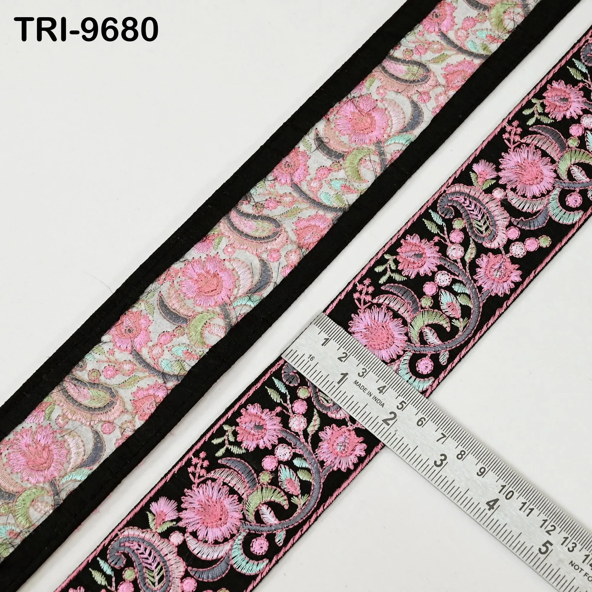 3 Yard Pink Indian Embroidery 5cm Ribbon Trim Floral Sari Border DIY Crafting Sewing Bag Strap Regency Reticules Home Decor Junk Journals