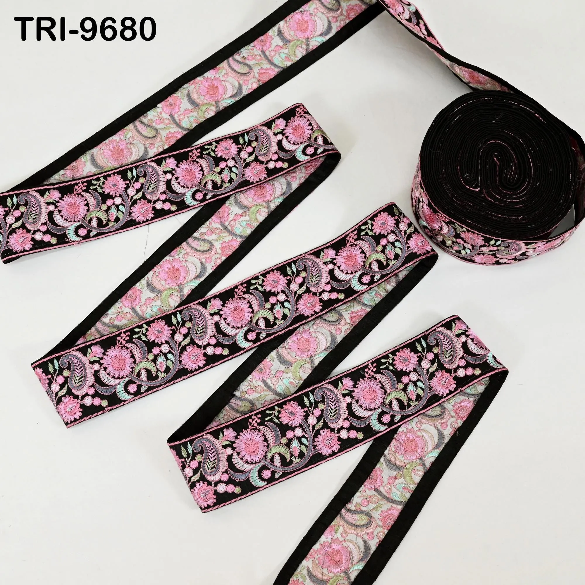 3 Yard Pink Indian Embroidery 5cm Ribbon Trim Floral Sari Border DIY Crafting Sewing Bag Strap Regency Reticules Home Decor Junk Journals