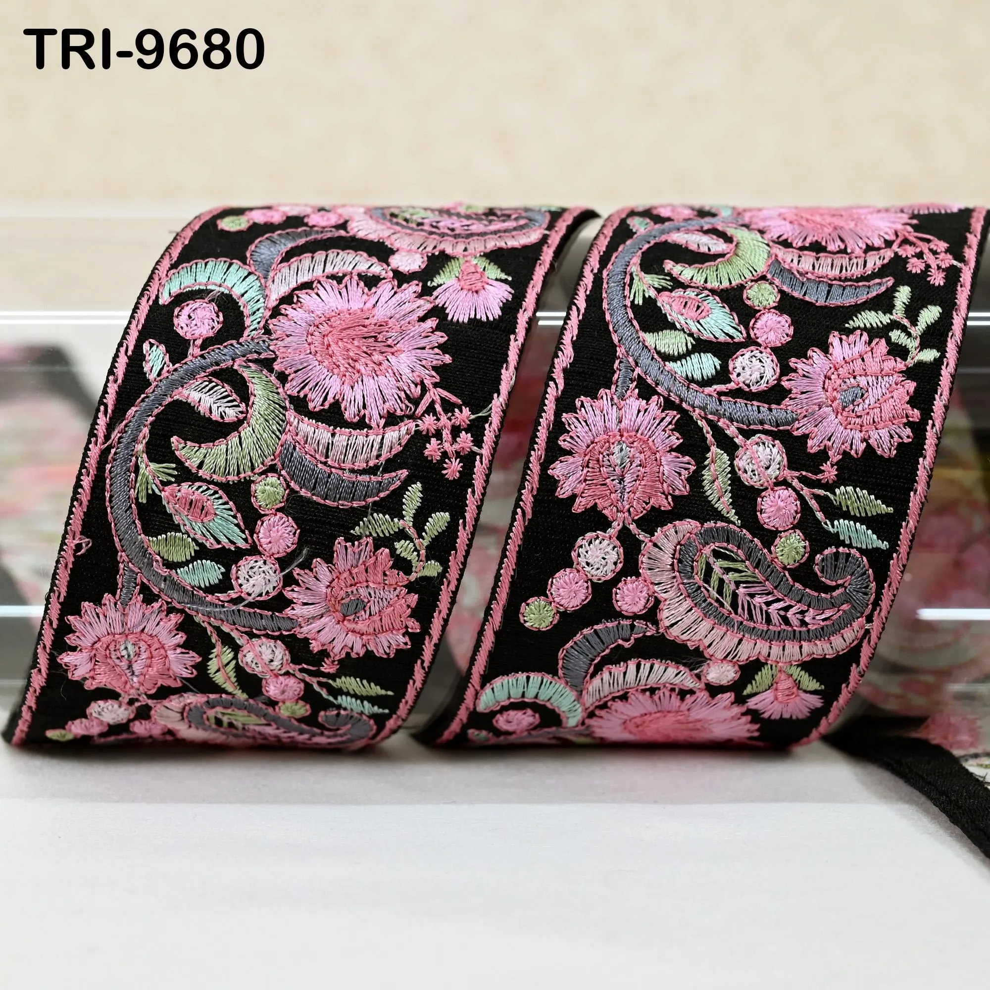3 Yard Pink Indian Embroidery 5cm Ribbon Trim Floral Sari Border DIY Crafting Sewing Bag Strap Regency Reticules Home Decor Junk Journals