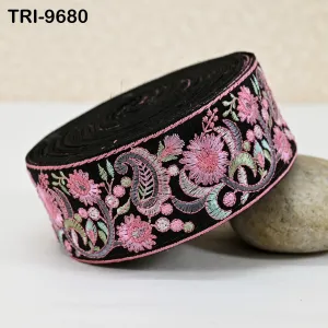 3 Yard Pink Indian Embroidery 5cm Ribbon Trim Floral Sari Border DIY Crafting Sewing Bag Strap Regency Reticules Home Decor Junk Journals