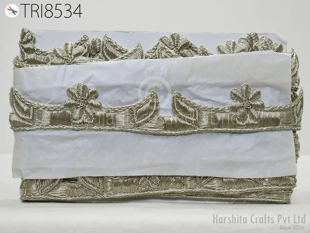 3 Yard Silver Zardozi Trim Indian Handcrafted Sari Border, DIY Crafting Ribbons Saree Metallic Embroidered Zari Handmade Trimmings Costumes