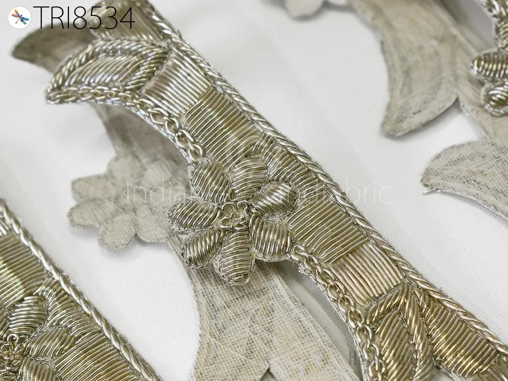 3 Yard Silver Zardozi Trim Indian Handcrafted Sari Border, DIY Crafting Ribbons Saree Metallic Embroidered Zari Handmade Trimmings Costumes
