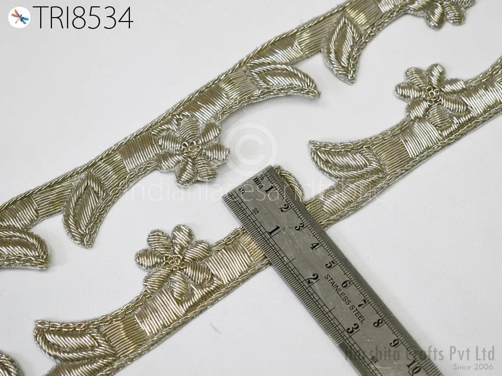3 Yard Silver Zardozi Trim Indian Handcrafted Sari Border, DIY Crafting Ribbons Saree Metallic Embroidered Zari Handmade Trimmings Costumes