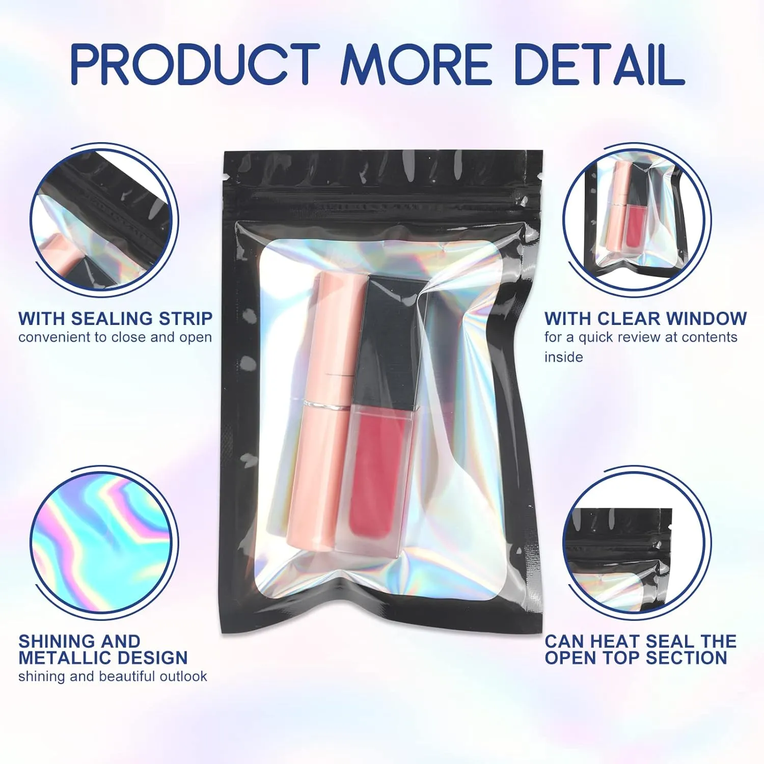 300 Pack 3 Sizes Resealable Mylar Bags, Smell Proof Bag for Food Storage, Holographic Packaging Pouch Bags with Front Window for Sample Snack Cookies Jewelry(black)