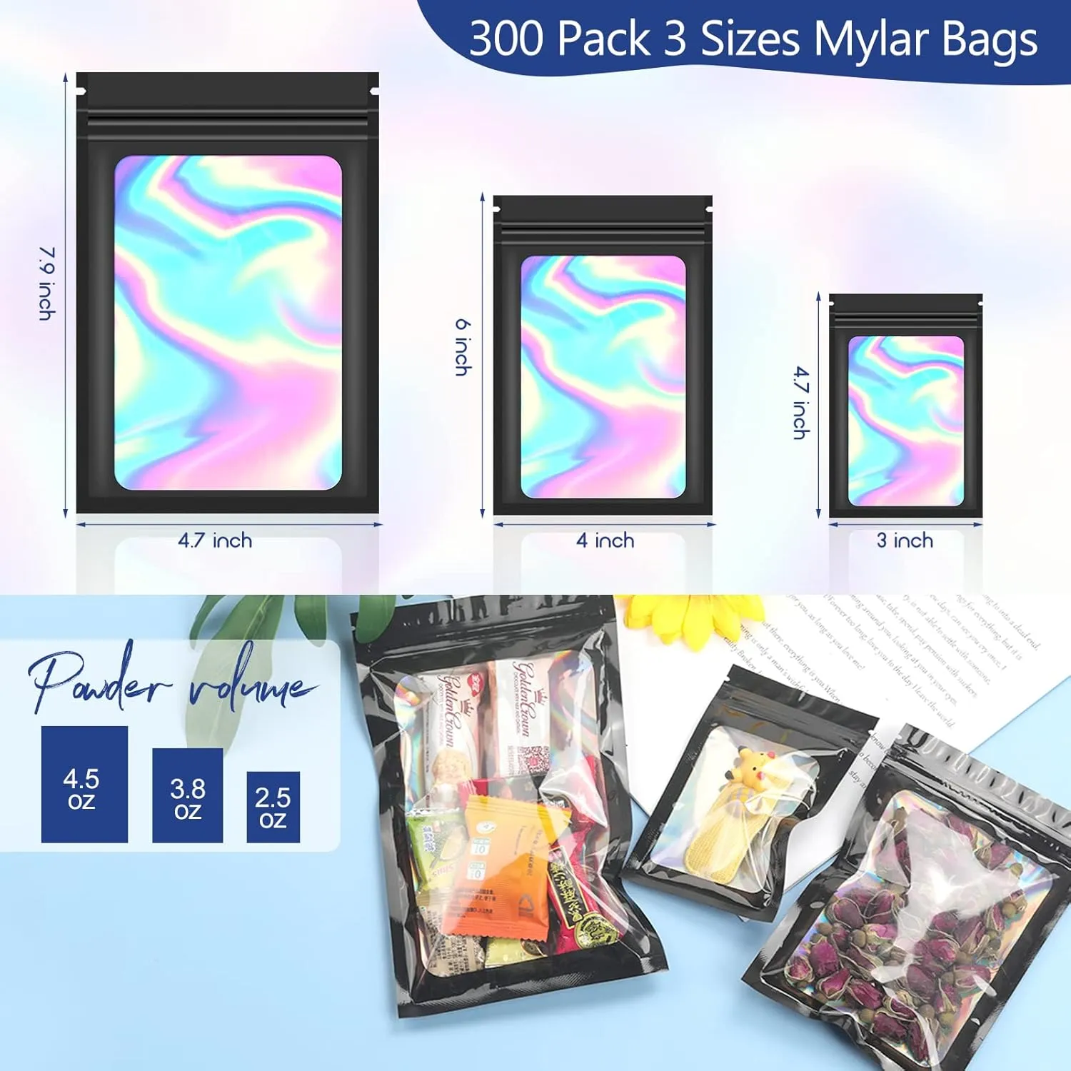 300 Pack 3 Sizes Resealable Mylar Bags, Smell Proof Bag for Food Storage, Holographic Packaging Pouch Bags with Front Window for Sample Snack Cookies Jewelry(black)