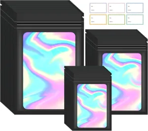 300 Pack 3 Sizes Resealable Mylar Bags, Smell Proof Bag for Food Storage, Holographic Packaging Pouch Bags with Front Window for Sample Snack Cookies Jewelry(black)