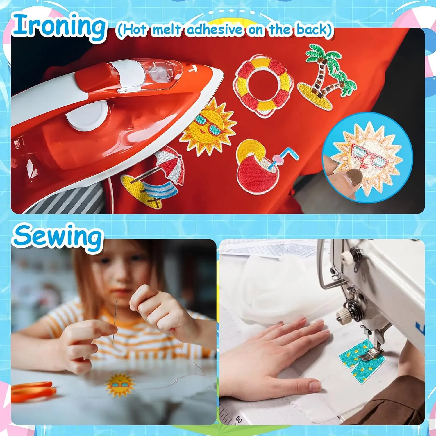 32 Pcs Summer Theme Iron on Patches, Embroidered Sunny Beach Iron on/Sew on Patch for Clothes, Hat, Jacket, T-Shirt, Etc