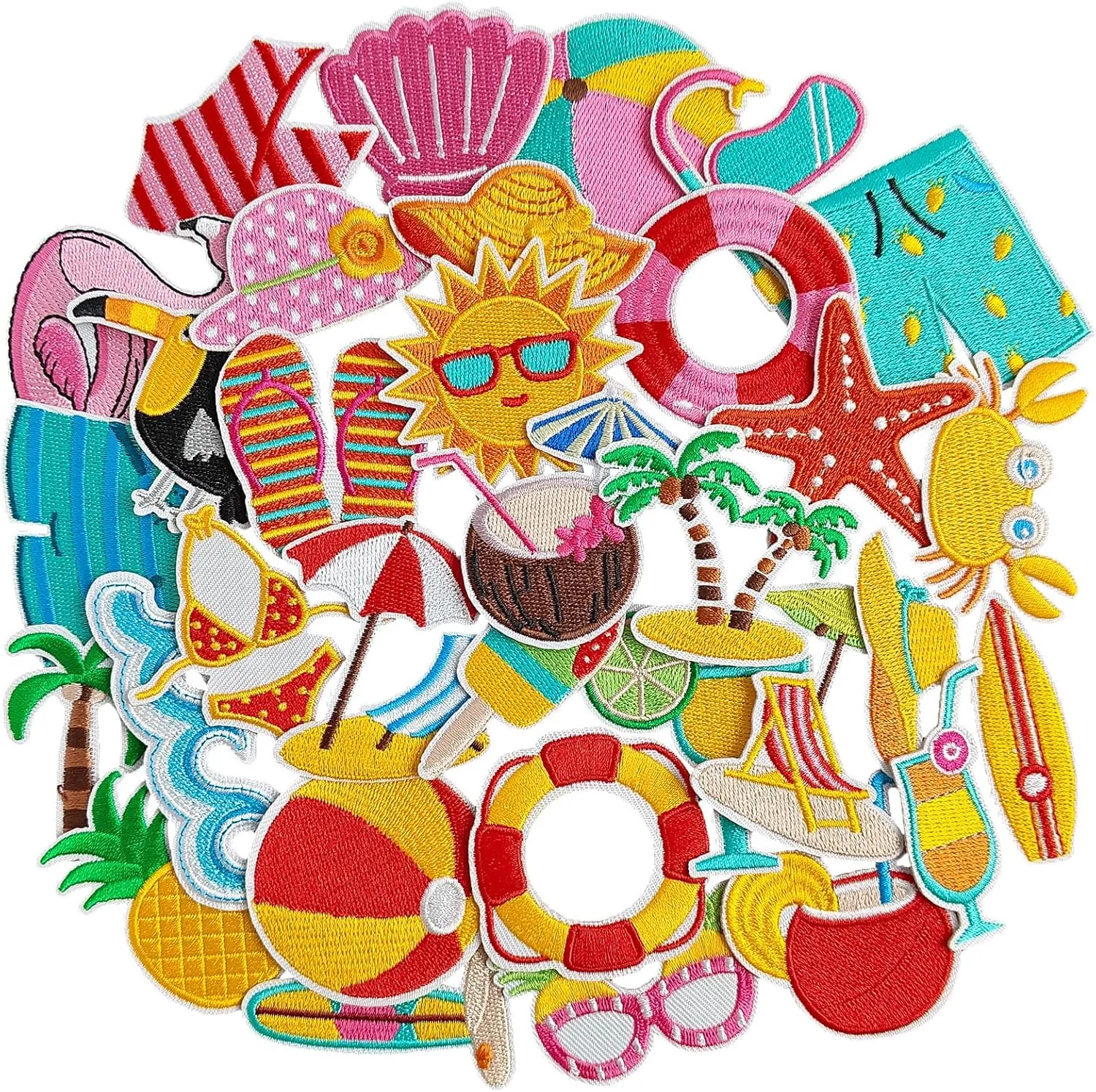 32 Pcs Summer Theme Iron on Patches, Embroidered Sunny Beach Iron on/Sew on Patch for Clothes, Hat, Jacket, T-Shirt, Etc