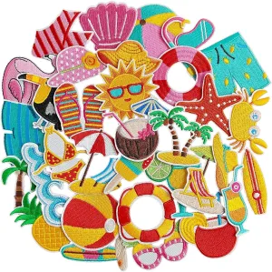 32 Pcs Summer Theme Iron on Patches, Embroidered Sunny Beach Iron on/Sew on Patch for Clothes, Hat, Jacket, T-Shirt, Etc