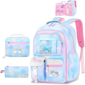3Pcs Backpacks for Girls, Cute Rainbow School Backpack with Lunch Bag Pen Bag Set, Multi-Pockets Kids Backpack for Elementary Preschool Toddler(Blue)